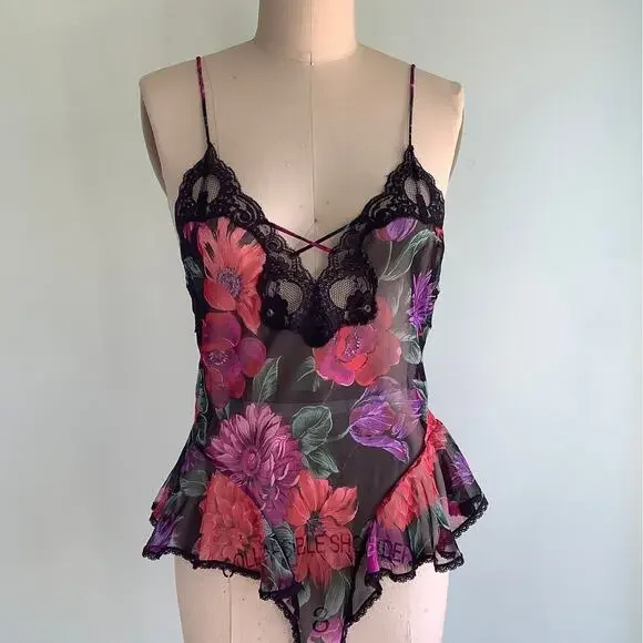 1980s Dark Floral Sheer Teddy & Bed Jacket Lucie Ann II Vintage Lingerie - Picture 4 of 9
